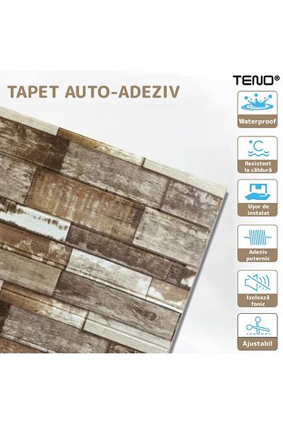 Teno Set 100x Tapet Panou 3D Teno®, Model Lemn, suprafata acoperire 49 mp, 70x70 cm, maro