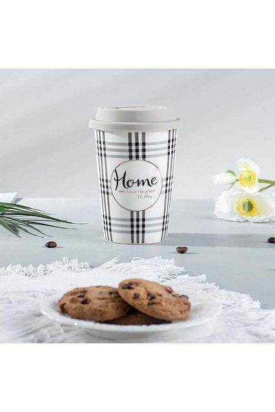 PUFO Home Ceramic Travel Mug For Coffee With Silicone Lid, 415 Ml, Light Gray