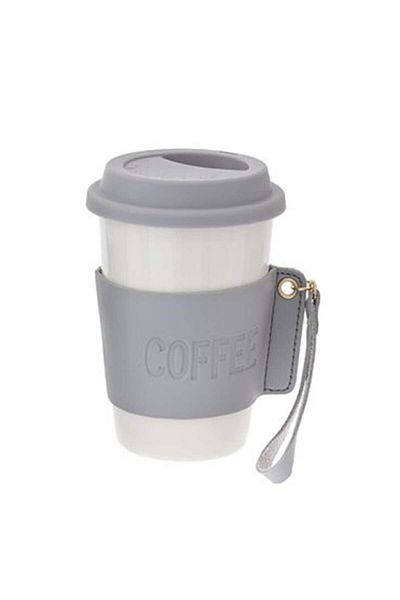 PUFO Cană de călătorie ceramică Love Coffee cu protecție termică pentru cafea sau ceai, 415 ml, alb/gri
