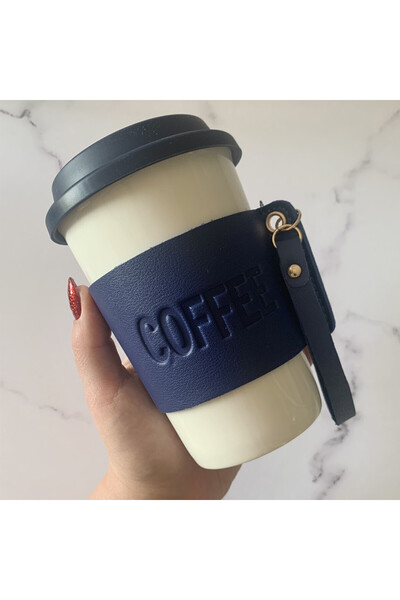 PUFO Love Coffee ceramic travel mug with thermal protection for coffee or tea, 415 ml, white/blue