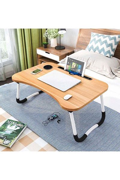 huitich Wood Multi Purpose Laptop Desk For Study And Reading With Foldable Non Slip Legs Beige