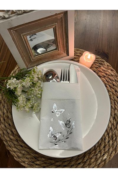 kidspartim Silver Gilded White Butterfly Leaf Detailed Pocketed Kangaroo Napkin 12 Pieces