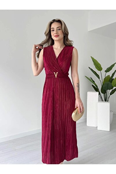 Lusin Women's Zero Sleeve Burgundy Stylish Waist Detailed Double Breasted Collar Lined Summer Dress