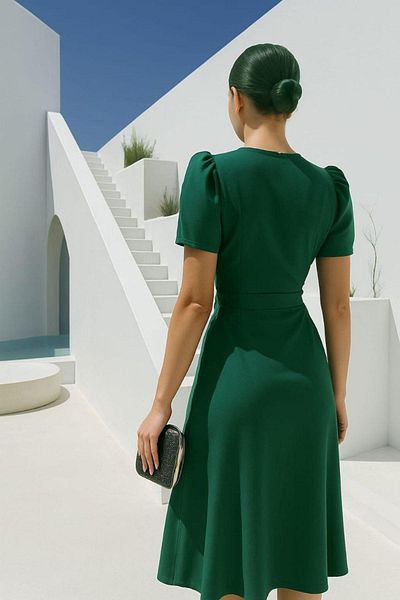 Mossta Double Breasted Collar Emerald Green Midi Dress