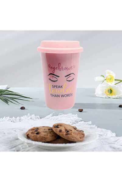 PUFO ceramic travel coffee mug with silicone lid, 415 ml, Eyebrows speak model, pink