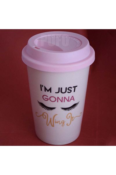 PUFO Ceramic Travel Coffee Mug With Silicone Lid, 415 Ml, I Just Gonna Model, Pink