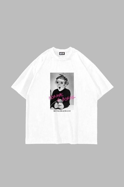 Bak Moda Tricou alb unisex oversize cu imprimeu Normal İs Boring