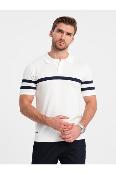OMBRE Herren-Poloshirt aus weichem Strick mit Kontraststreifen - weiß V1 OM-POSS-0118 XXL