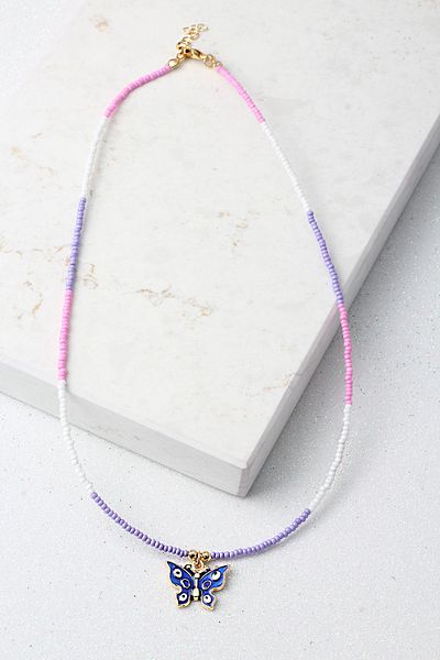 BY BARUN SİLVER Butterfly Beaded Necklace Pink Colored Fimo Necklace
