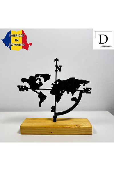 OEM "Global Coordinates" decoration with natural wood base, 14.5 cm, black, 3D printed