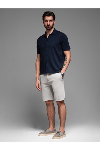OMBRE Herren SLIM FIT Short Shorts aus Melange-Strukturstrick - Hellgrau V5 OM-SRCS-0166 L