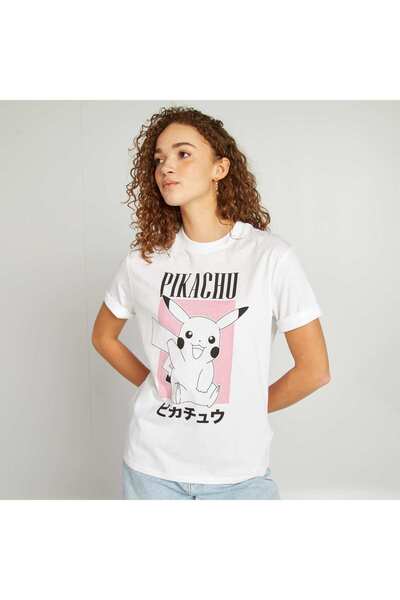 KIABI تي شيرت أبيض بأكمام قصيرة مطبوع عليه "بوكيمون" و"بيكاتشو"