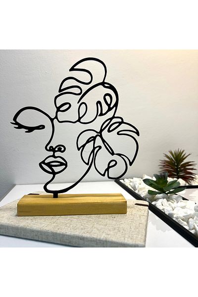 OEM "Face with Leaves" decoration with natural wood base, 21 cm, black, 3D printed