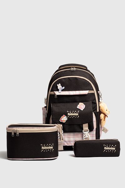 Fiyaka Rlx-1396 Set of 3 Children's Primary School Bag Backpack with Pen Holder and Lunch Bag Black Pink