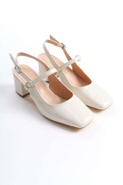 stoneclass Women's Leather Open Back Square Toe Helmet Buckle Medium Block Heeled Shoes
