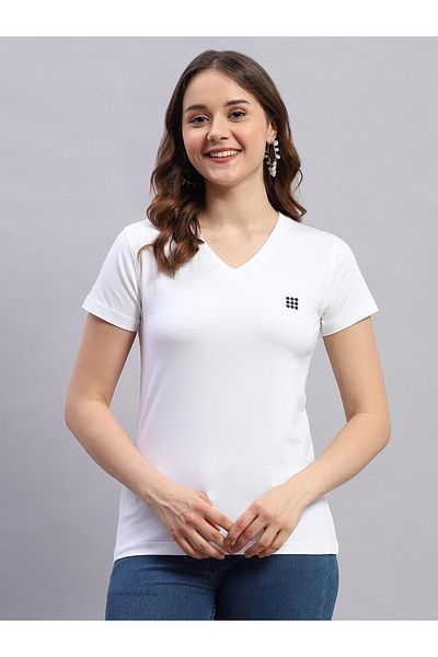 Rock.it By Styli Women White Solid V Neck Short Sleeve Top