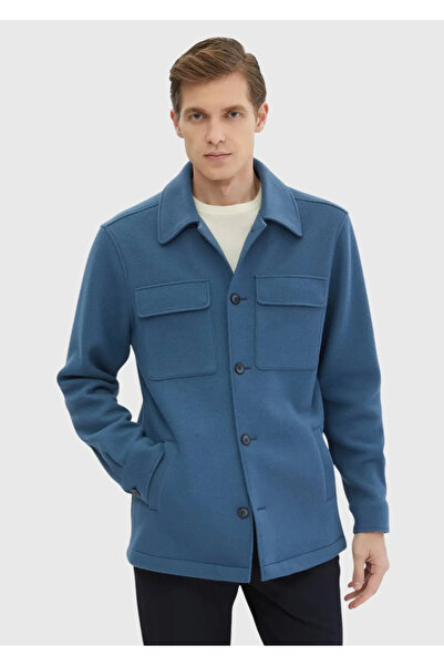 Ramsey Σκούρο μπλε μονόχρωμο μπλουζάκι casual με υφαντό μαλλί με ανάμειξη