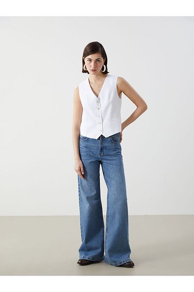 LC Waikiki New Season V-Neck Linen Blend Women's Classic Vest - S5K041Z8