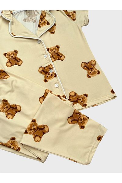 ALİŞ KİDS Girl's 100% Cotton Beige Teddy Bear Patterned Shirt Collar Buttoned Short Sleeve Pajama Set