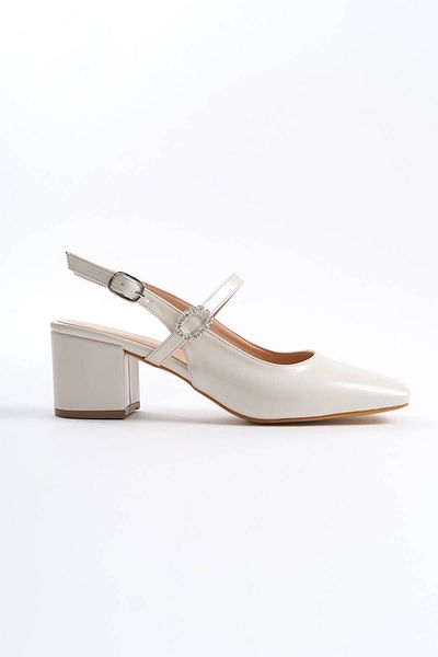 stoneclass Women's Leather Open Back Square Toe Helmet Buckle Medium Block Heeled Shoes