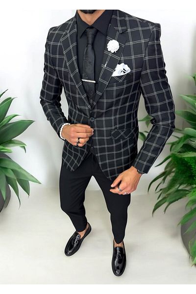 dehaine Men's suit, jacket, pants, vest, plaid, black, 13193