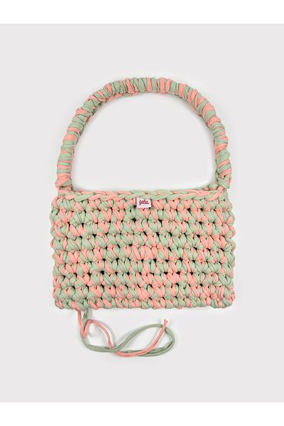 Galia Tasarım Mint & Peach – Πλεκτή στο χέρι χτενισμένη βαμβακερή τσάντα ώμου με κορδόνι (παστέλ αποχρώσεις)