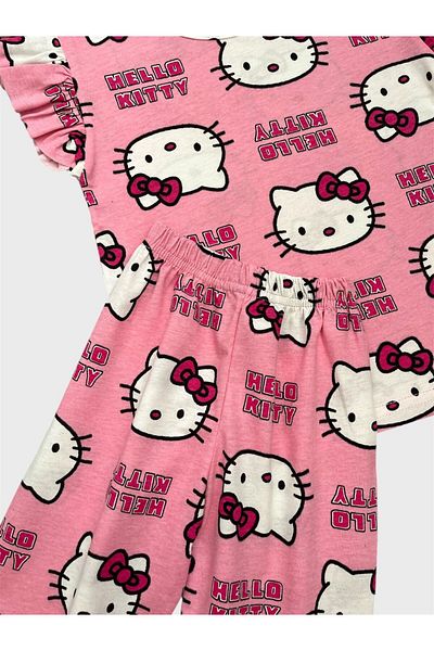 ALİŞ KİDS Girls' Cotton Pink Hello Kitty Patterned Short Sleeve Shorts Summer Pajamas Set