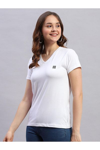 Rock.it By Styli Women White Solid V Neck Short Sleeve Top