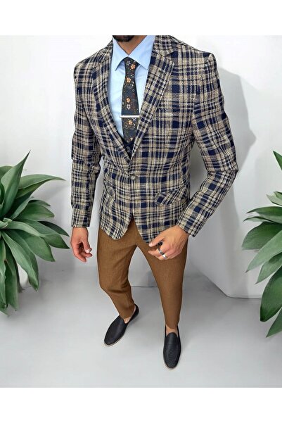 dehaine Men's suit, jacket, pants, vest, checked, brown, 13200