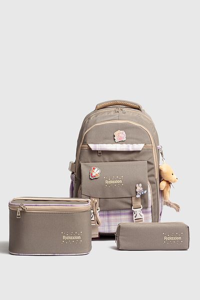Fiyaka Rlx-1396 Set of 3 Children's Primary School Bag Backpack with Pen Holder and Lunch Bag Gray