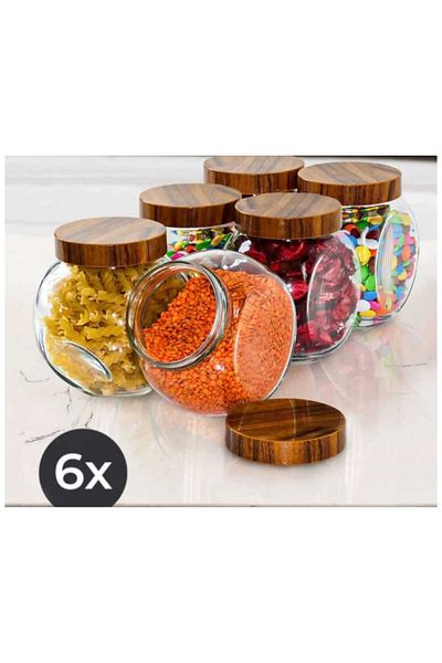 Paşabahçe Glass Spice Rack Wooden Vacuum Cover 6 Pieces