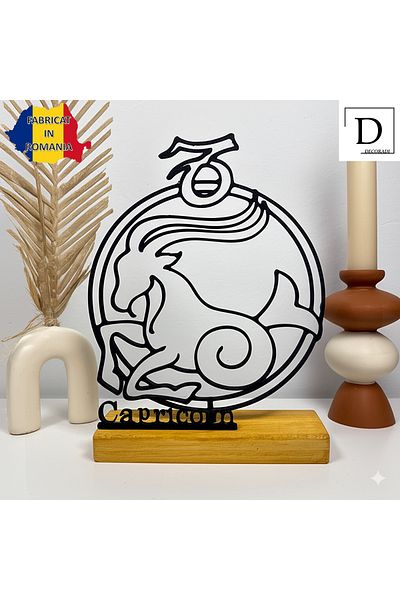 OEM Zodiac decoration "CAPRICORN" with natural wooden base, 19 cm, black, 3D printed