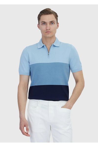 Ramsey Light Navy Blue Polo Neck Striped Cotton Blend Knitwear