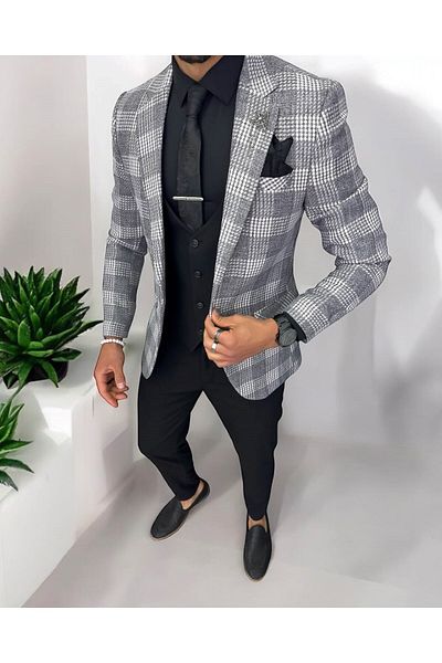 dehaine Men's suit, jacket, pants, vest, plaid, gray, 13207