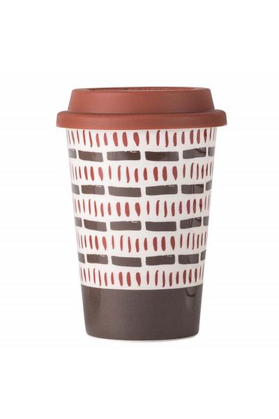 PUFO Cană de călătorie Tribe din ceramică pentru cafea cu capac din silicon, 415 ml