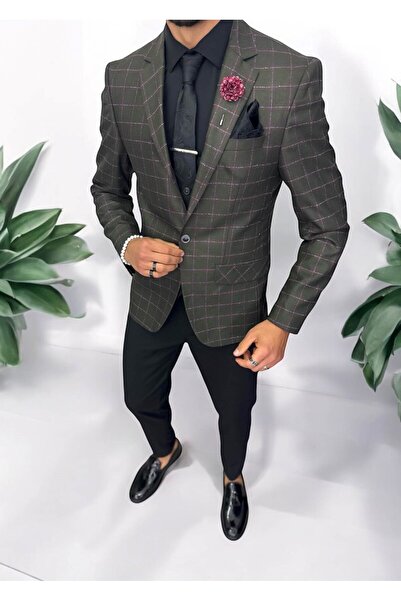 dehaine Men's suit, jacket, pants, vest, plaid, khaki, 13194