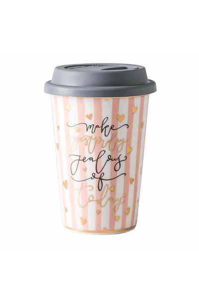 PUFO Cană de călătorie ceramică pentru cafea cu capac din silicon, 415 ml, model Make jealous