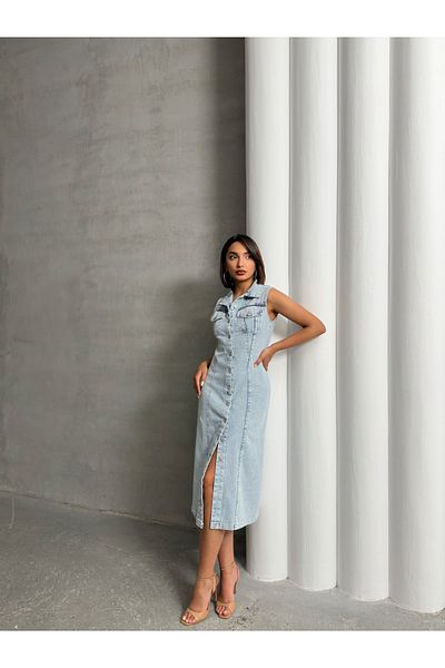 Miss Prova Shirt Collar Zero Sleeve Button Snow Wash Summer Denim Dress Misselb3575