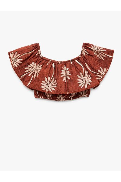 Koton Cotton Boat Neck Sleeveless Flounced Crop Blouse