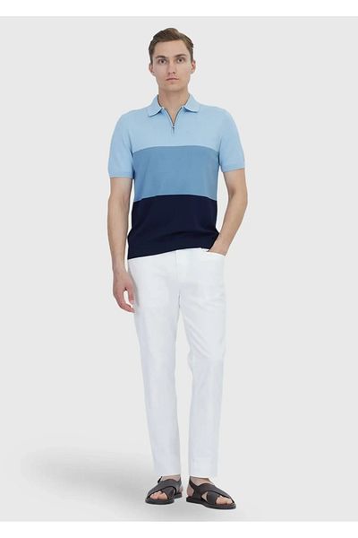 Ramsey Light Navy Blue Polo Neck Striped Cotton Blend Knitwear