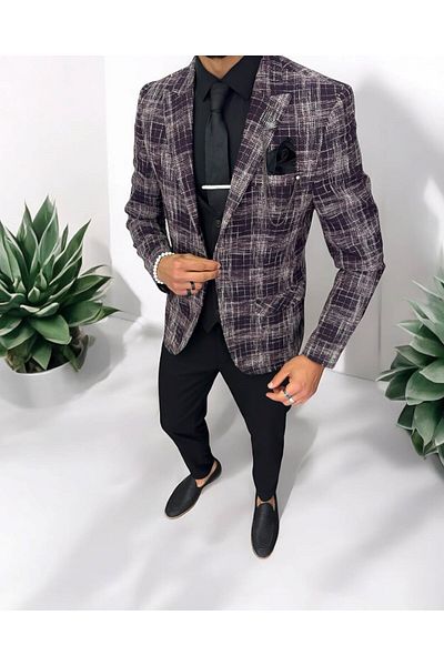dehaine Men's suit, jacket, pants, vest, plaid, Burgundy, 13201