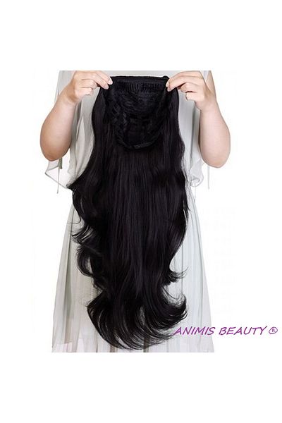animis beauty Semiperuca Neagra, tresa cu calota, fibra sintetica cu aspect natural, par lung ondulat, 60 cm