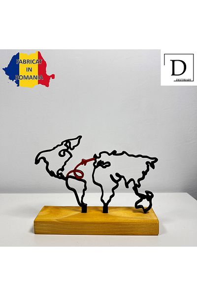 OEM "World Traveler" decoration with natural wood base, 11.5 cm, black, 3D printed