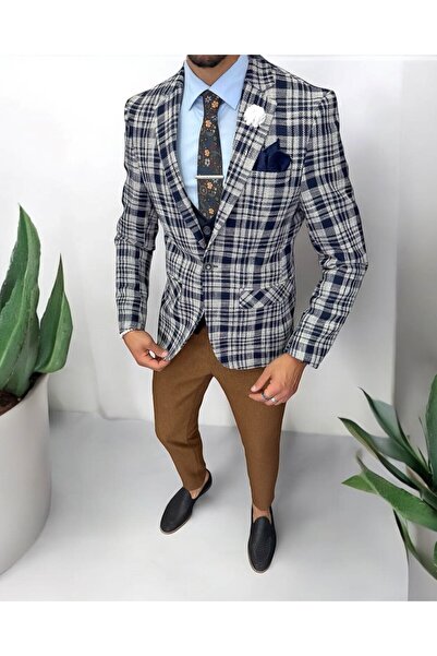 dehaine Men's suit, jacket, pants, vest, checked, navy blue, 13202