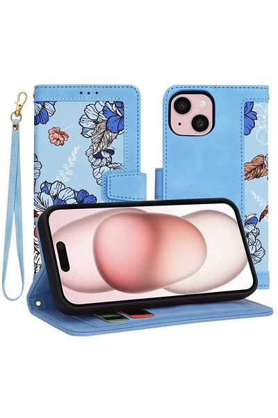 SKYDDAR INNOVATION Husă pentru iPhone 15, portofel floral, piele ecologică, protecție 360°, buzunare pentru carduri, albastră, set de stickere