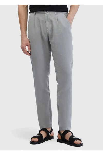Ramsey Gray Plain Woven Casual 100% Linen Trousers
