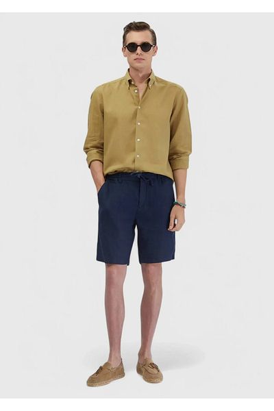 Ramsey Μπλε Navy Plain Woven Casual 100% λινό βερμούδα