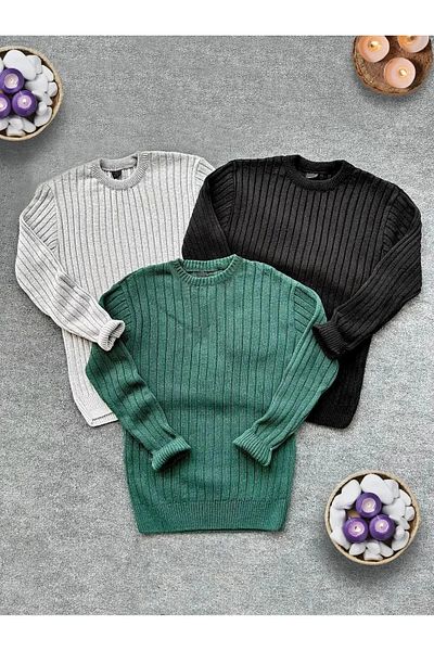 CULTURE BOUTIQUE 3-Piece Men's Knitwear Crew Neck Sweater Beige, Emerald, Blue