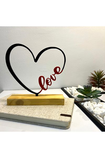 OEM "Heart Love" decoration with natural wooden base, 15 cm, red/black, 3D printed