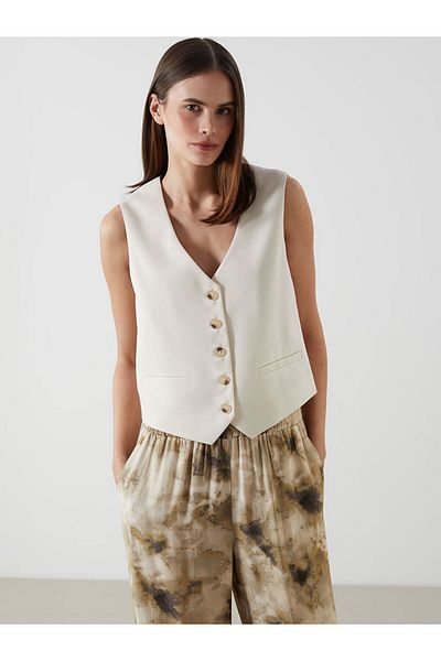 LC Waikiki New Season V-Neck Linen Blend Women's Classic Vest - S5K041Z8